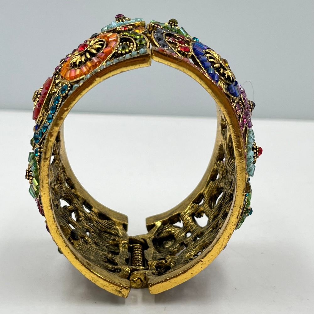 Vintage Gold Multi-Color Beaded Filigree Statement Cuff Hinged Bracelet Classic - Picture 4 of 7